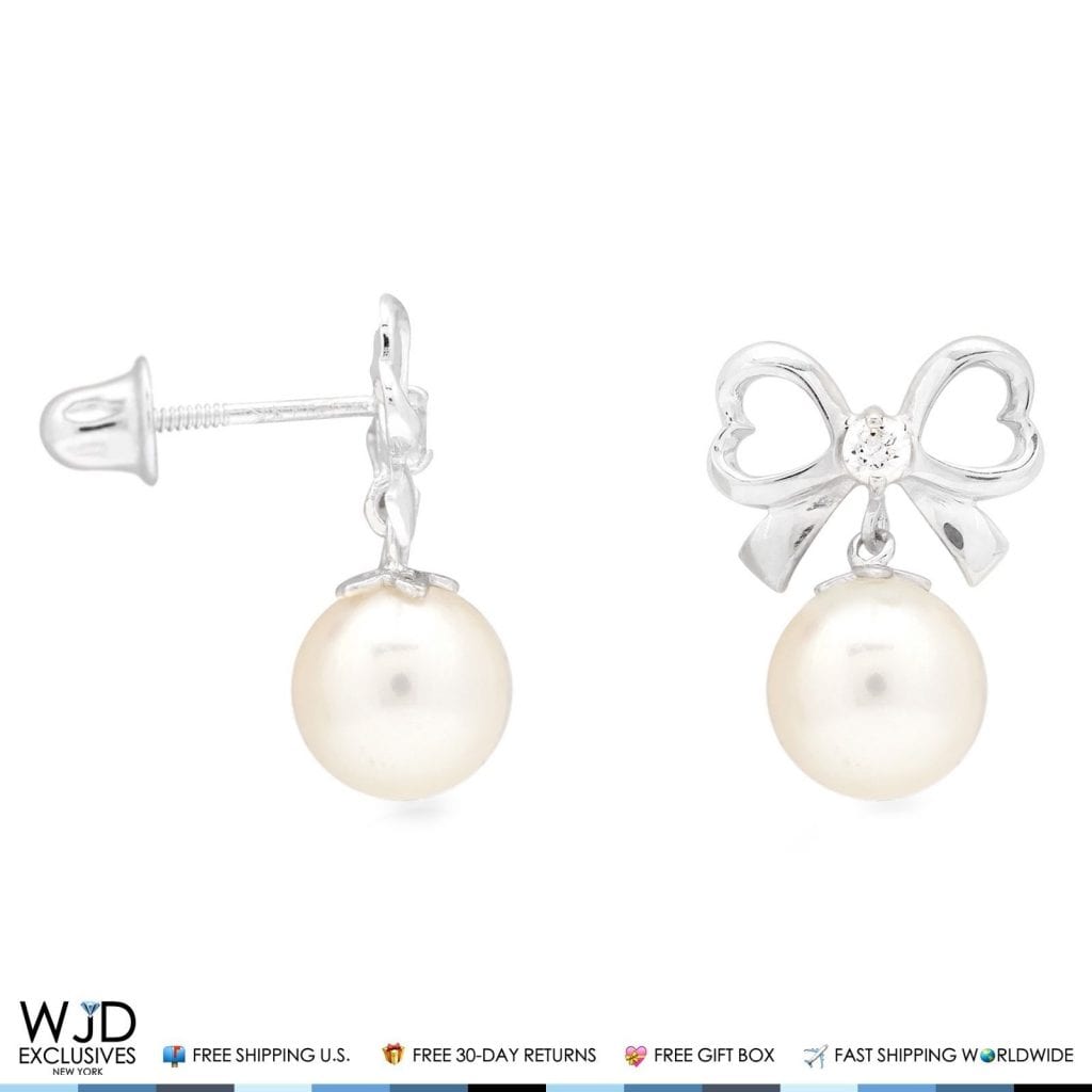 14K White Gold 0.10Ct CZ Bow Tie Pearl Dangle Earrings 0.6"