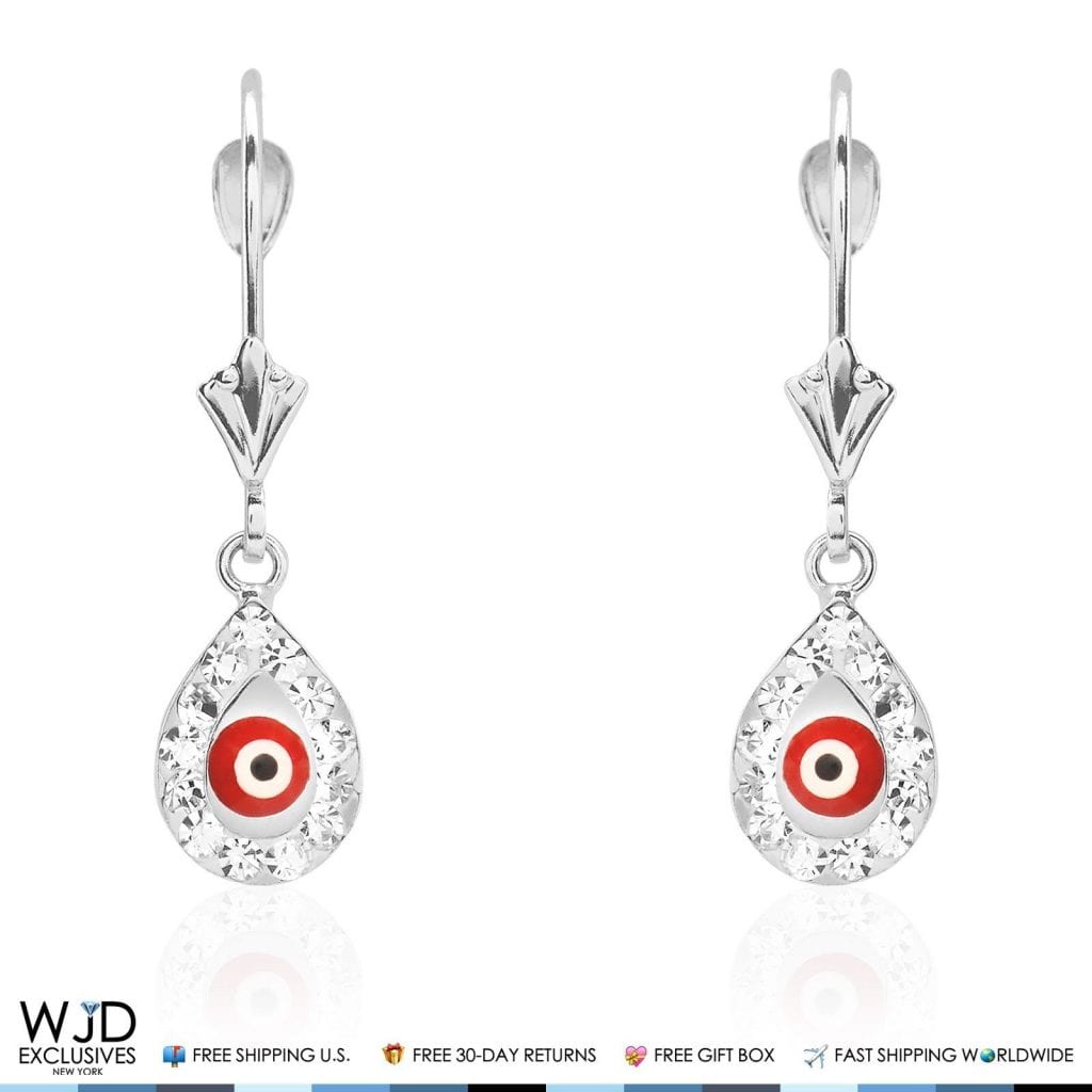 14K White Gold CZ Red Evil Eye TearDrop Dangle Leverback Earrings