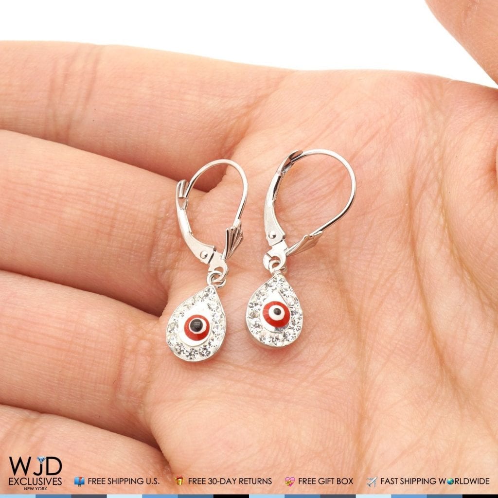 14K White Gold CZ Red Evil Eye TearDrop Dangle Leverback Earrings