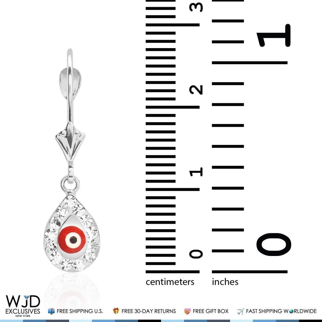 14K White Gold CZ Red Evil Eye TearDrop Dangle Leverback Earrings