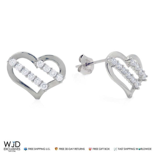 14K White Gold 0.30Ct CZ Stripes Open Heart Stud Earrings