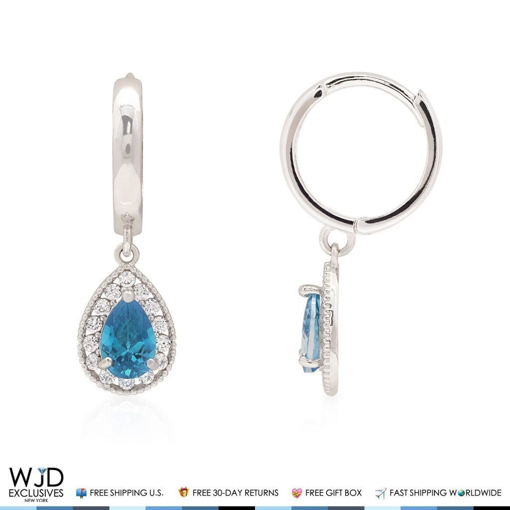 14K White Gold 0.80Ct CZ & Blue Topaz Huggie Hoop Dangle Earrings