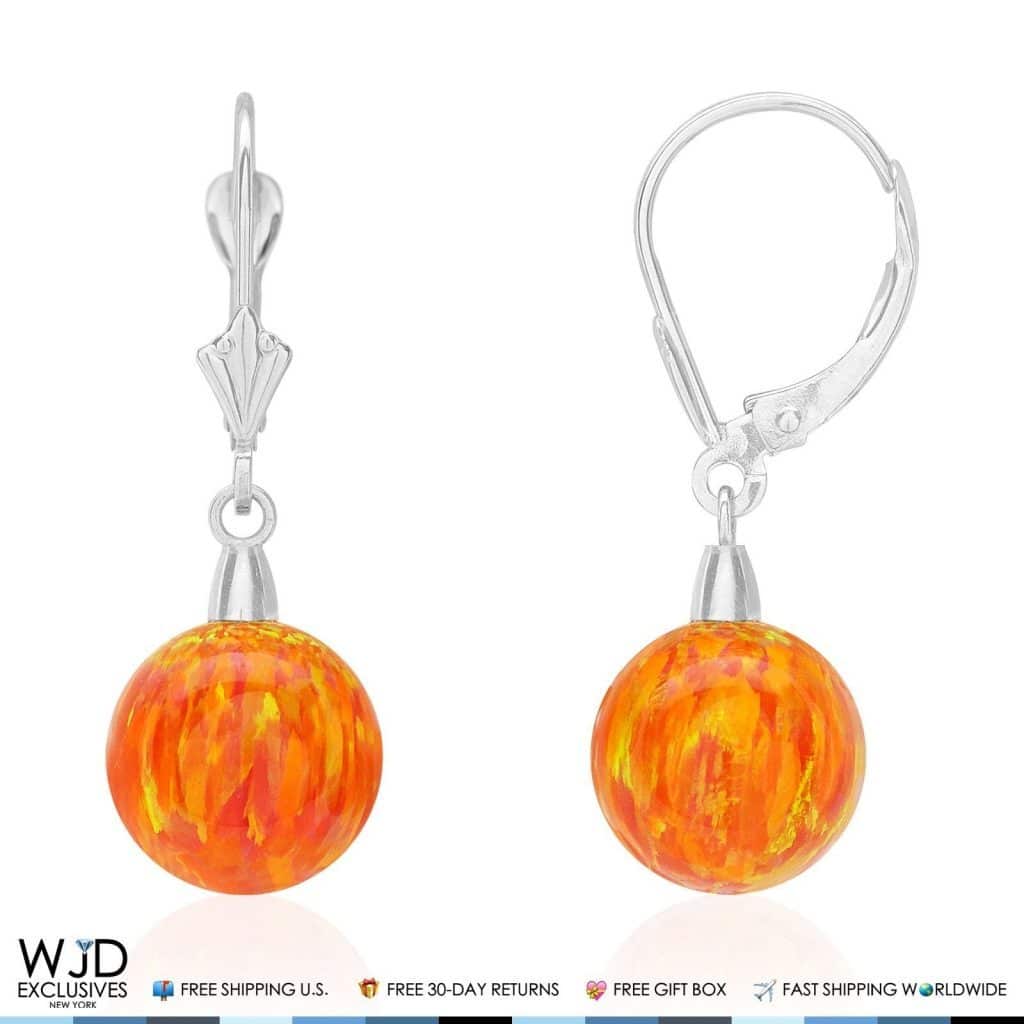 14K White Gold 10 mm Ball Shaped Orange Fire Opal Leverback Dangle Earrings