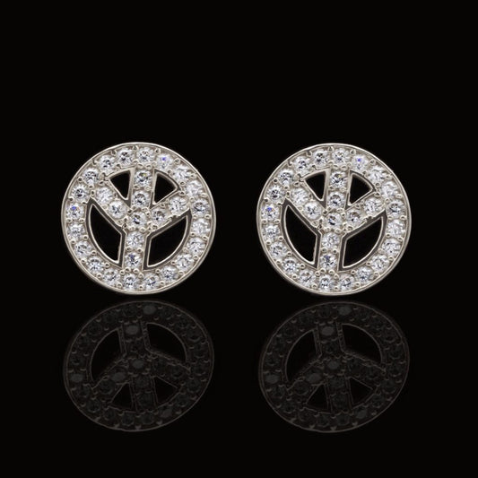14K White Gold 1.20Ct Round CZ Peace Sign Stud Earrings 9mm
