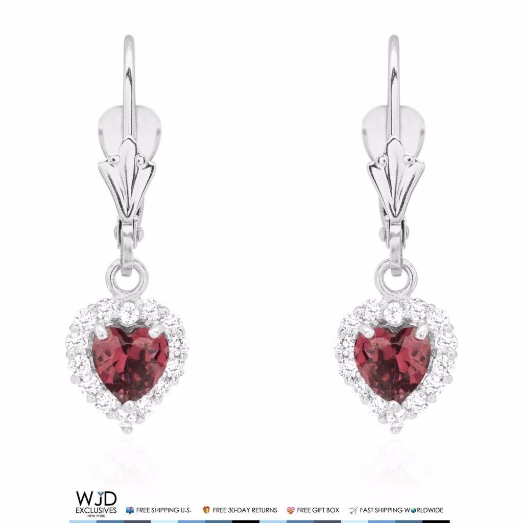14K White Gold 1Ct Diamond & Alexandrite Heart Shaped Dangle Leverback Earrings