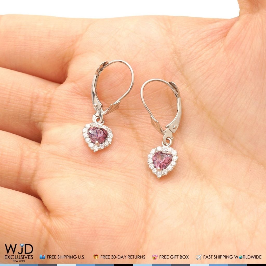 14K White Gold 1Ct Diamond & Alexandrite Heart Shaped Dangle Leverback Earrings