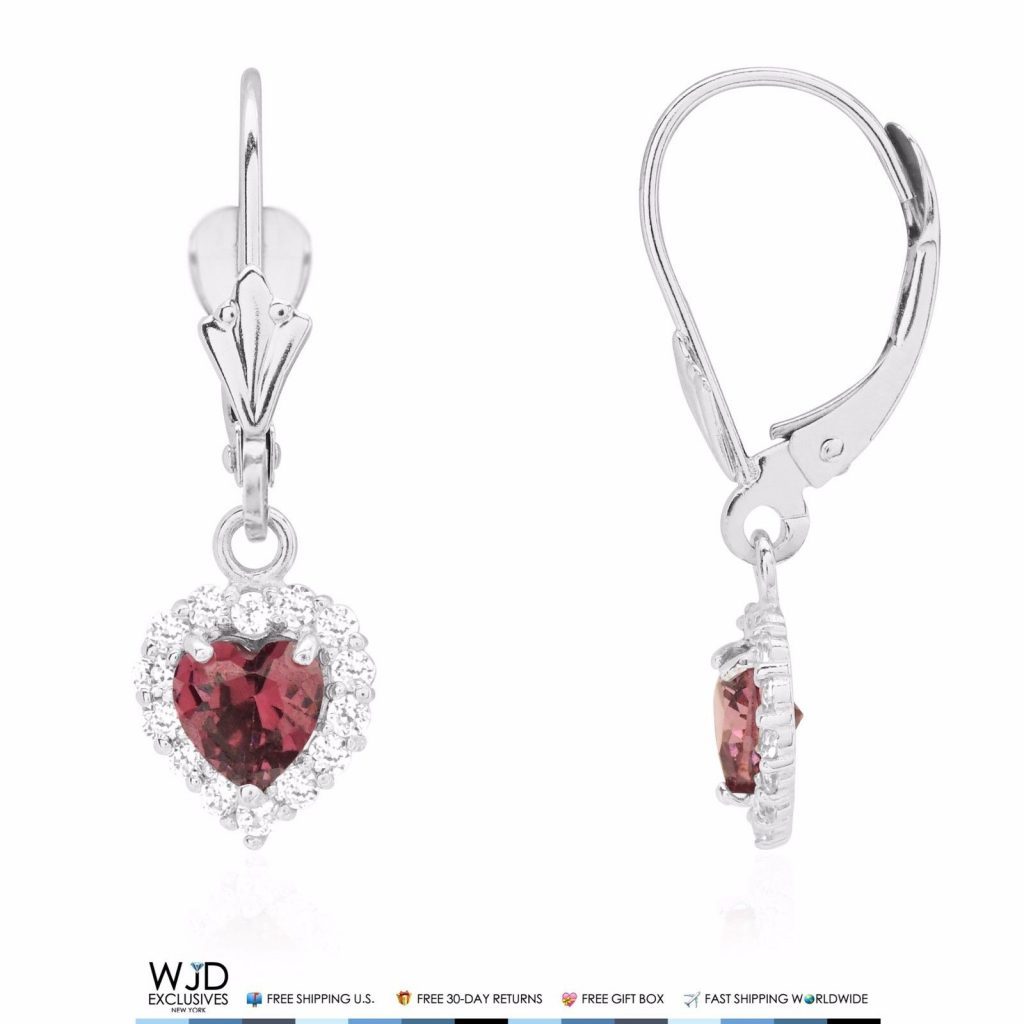 14K White Gold 1Ct Diamond & Alexandrite Heart Shaped Dangle Leverback Earrings