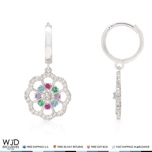 1CTW CZ Multi-Color 14K White Gold Flower Huggie Hoop Earrings