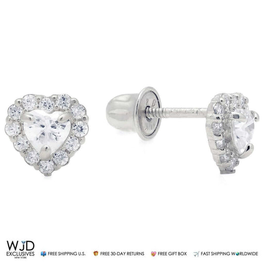 1CTW CZ 14K White Gold Halo Small Heart Stud Screw Back Earrings