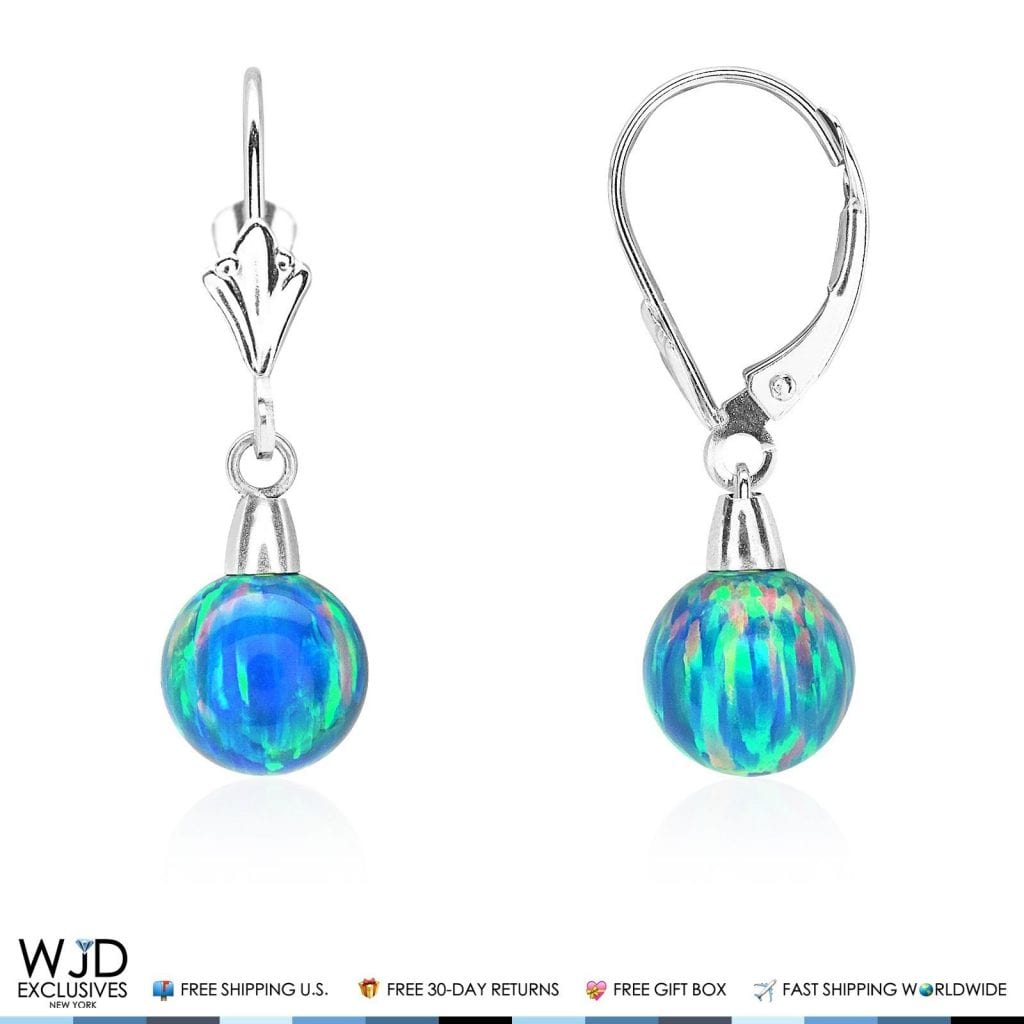 6mm-10mm Ball Blue Green Fire Opal Leverback Dangle Earrings 14K White Gold