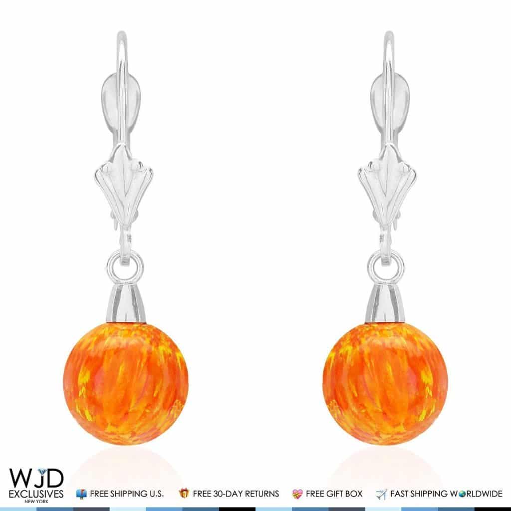 14K White Gold Orange Fire Opal 7mm Ball Leverback Dangle Earrings