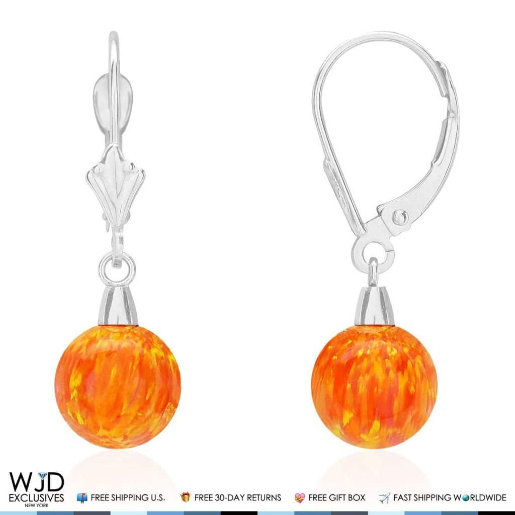 14K White Gold Orange Fire Opal 7mm Ball Leverback Dangle Earrings