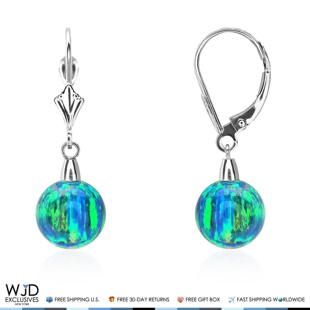 6mm-10mm Ball Blue Green Fire Opal Leverback Dangle Earrings 14K White Gold