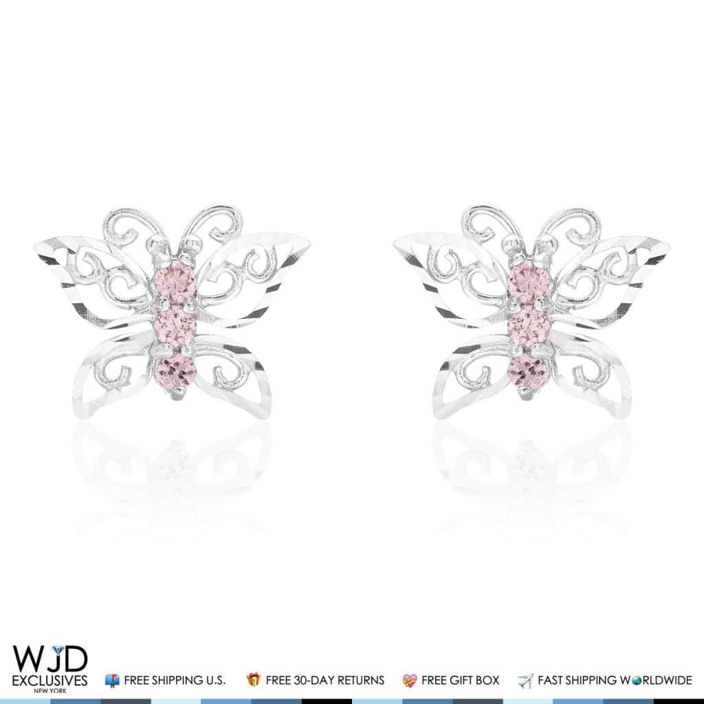 14K White Gold Diamond Cut Pink Tourmaline Butterfly Screwback Stud Kid Earrings