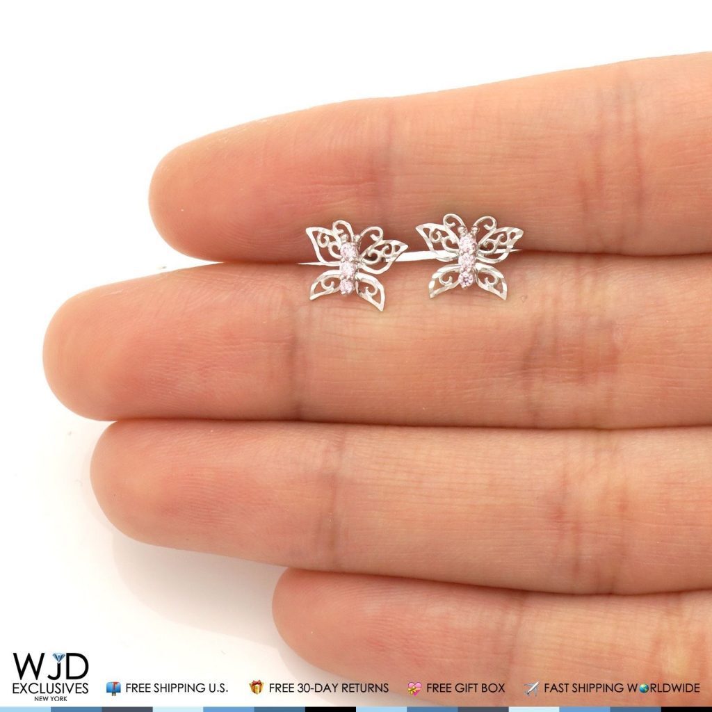 14K White Gold Diamond Cut Pink Tourmaline Butterfly Screwback Stud Kid Earrings