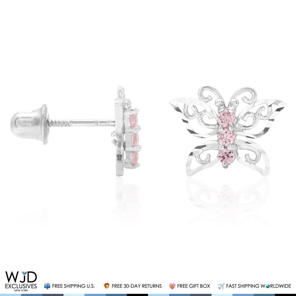 14K White Gold Diamond Cut Pink Tourmaline Butterfly Screwback Stud Kid Earrings