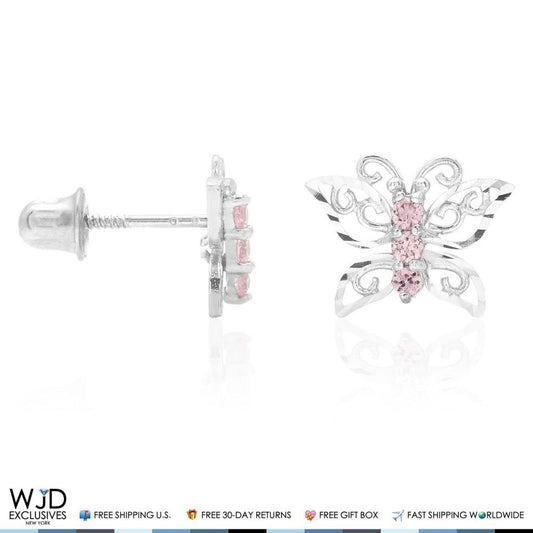 14K White Gold Diamond-Cut Pink Tourmaline Butterfly Screwback Stud Kid Earrings