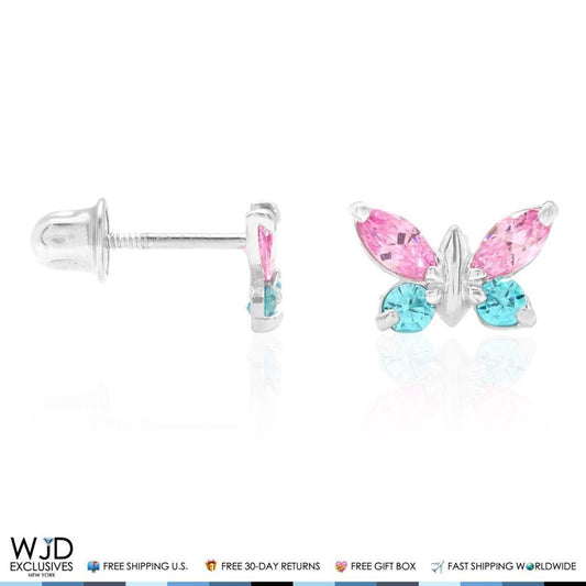 14K White Gold Pink Tourmaline & Blue Topaz Butterfly Screwback Stud Earrings