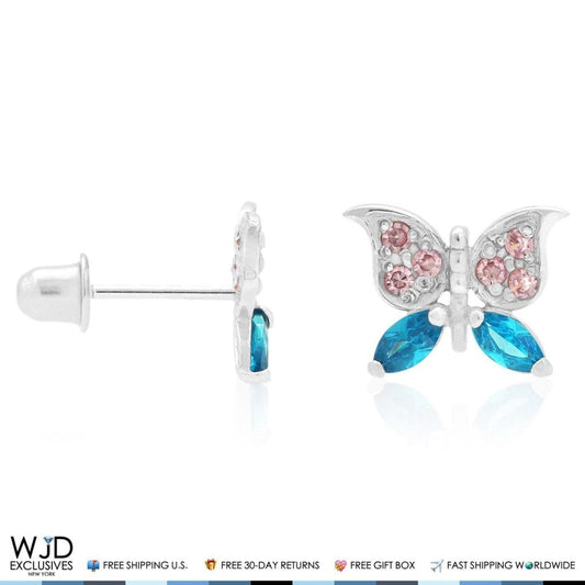 14K White Gold Pink Tourmaline & Blue Topaz Butterfly Screwback Stud Earrings