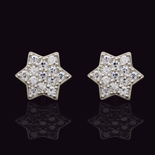 14K White Gold Star of David Studs Earrings 0.80Ct Round-Cut CZ
