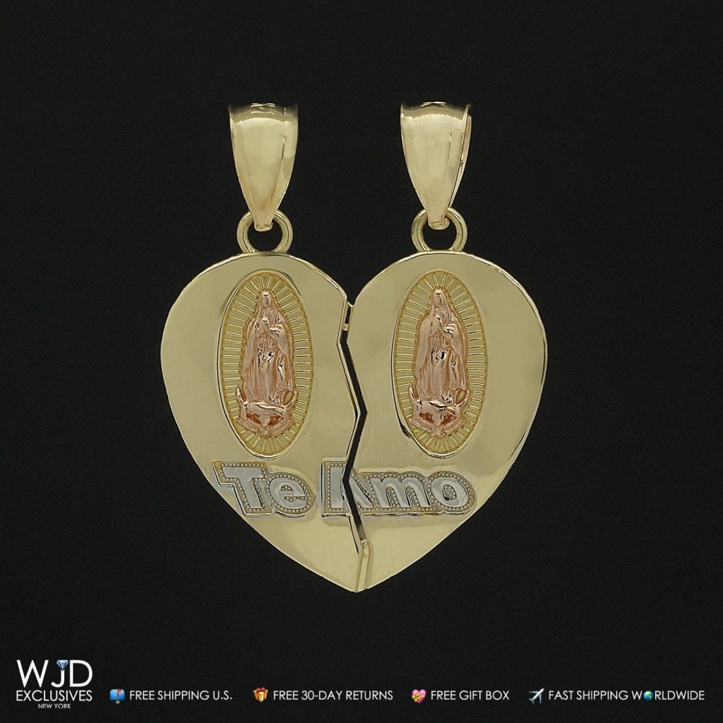 14K Yellow Pink Gold Broken Heart Guadalupe Te Amo Charm Pendant
