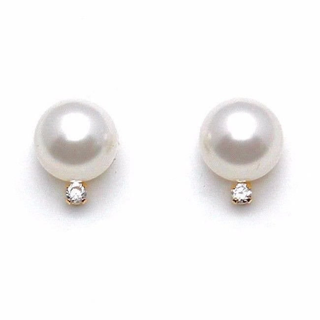 14K Yellow Gold 0.05Ct Created Diamond Cultured Pearl Stud Earrings 7mm-8mm