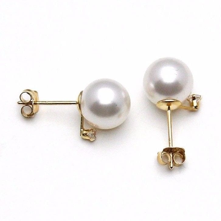 14K Yellow Gold 0.05Ct Created Diamond Cultured Pearl Stud Earrings 7mm-8mm