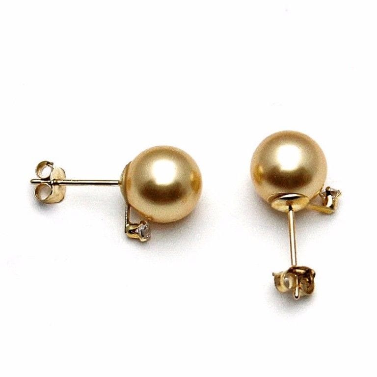 14K Yellow Gold 0.05Ct Created Diamond Cultured Pearl Stud Earrings 7mm-8mm
