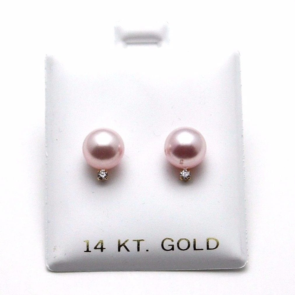 14K Yellow Gold 0.05Ct Created Diamond Cultured Pearl Stud Earrings 7mm-8mm
