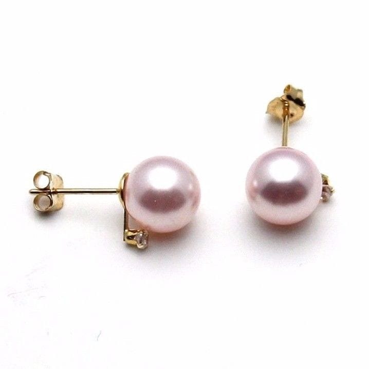 14K Yellow Gold 0.05Ct Created Diamond Cultured Pearl Stud Earrings 7mm-8mm