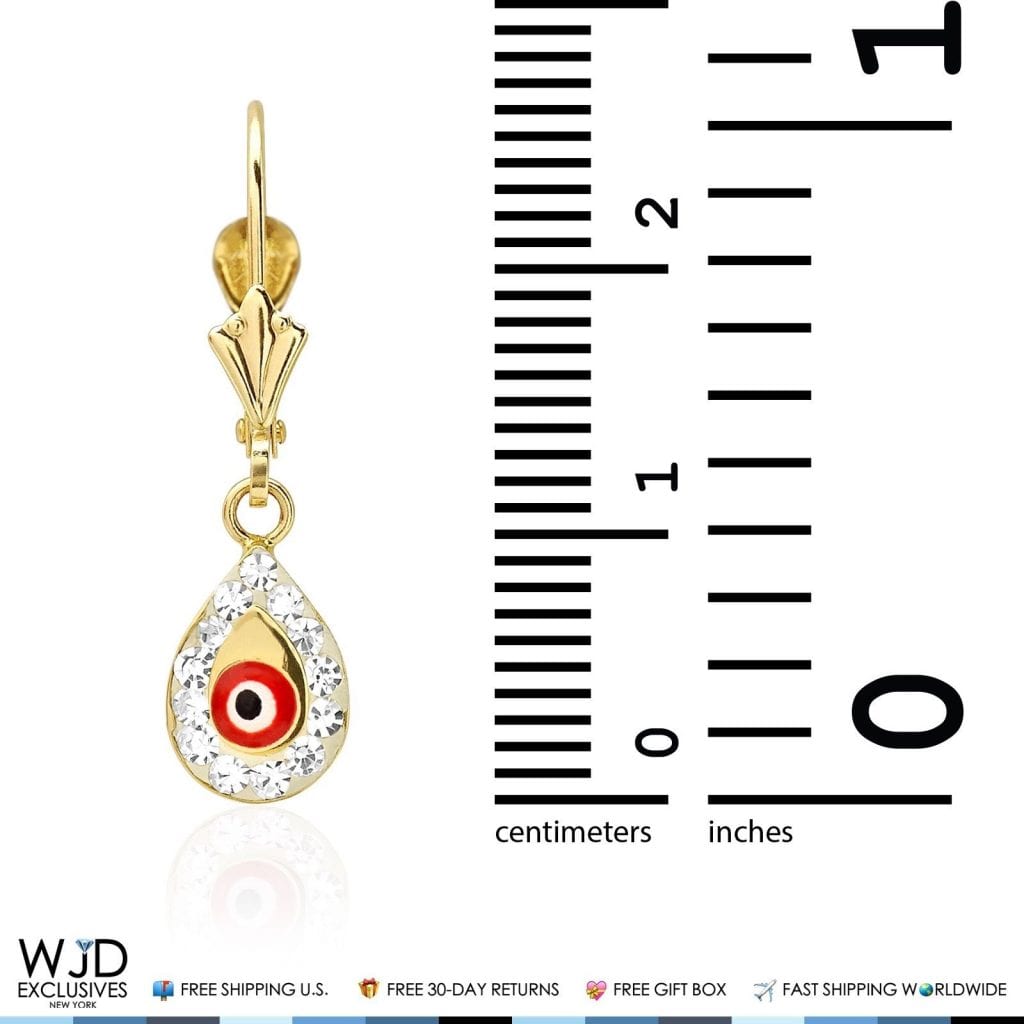14K Yellow Gold CZ Evil Eye TearDrop Dangle Leverback Earrings