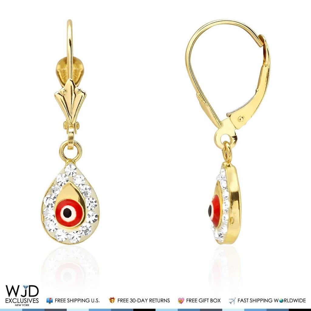 14K Yellow Gold CZ Evil Eye TearDrop Dangle Leverback Earrings