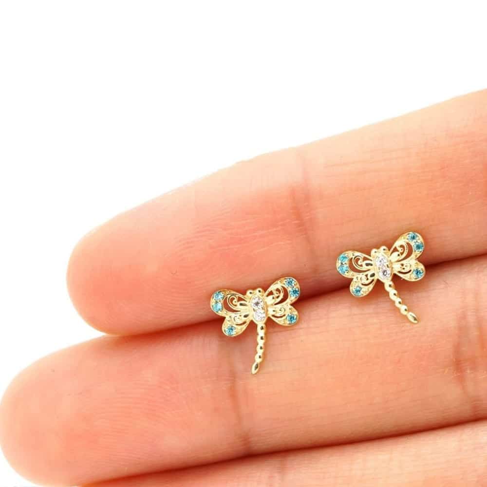 14K Yellow Gold Created Diamond Aquamarine Dragonfly Screw Back Stud Earrings
