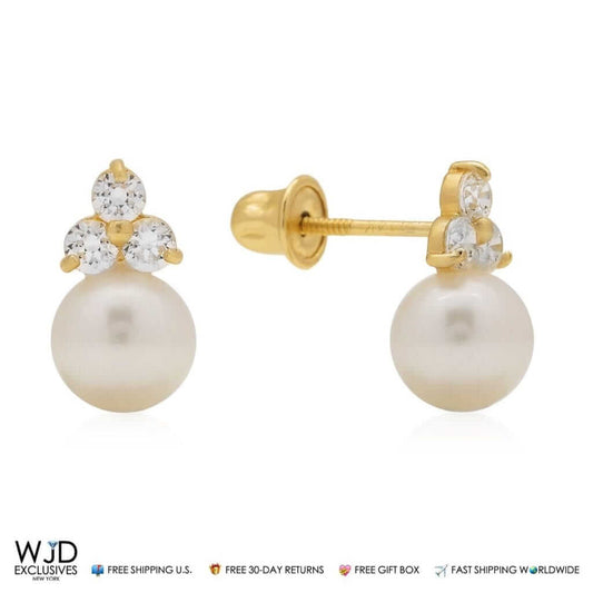 Real 14K Gold 0.30Ct CZ Cultured Pearl Ball Stud Earrings