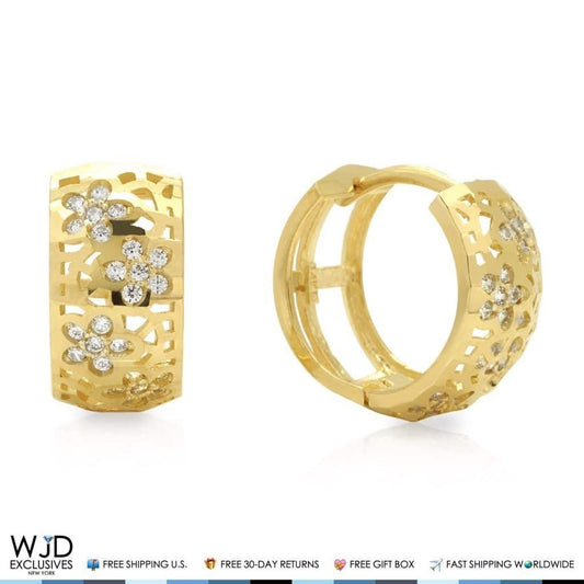 14K Yellow Gold 0.40Ct CZ Perforated Flowers Huggie Hoop Earrings
