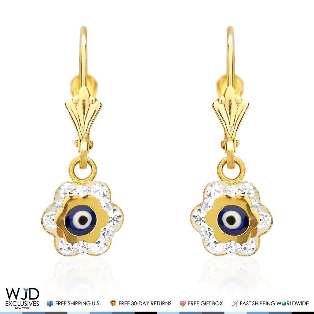 0.50CTW CZ 14K Yellow Gold Blue Evil Eye Flower Dangle Earrings