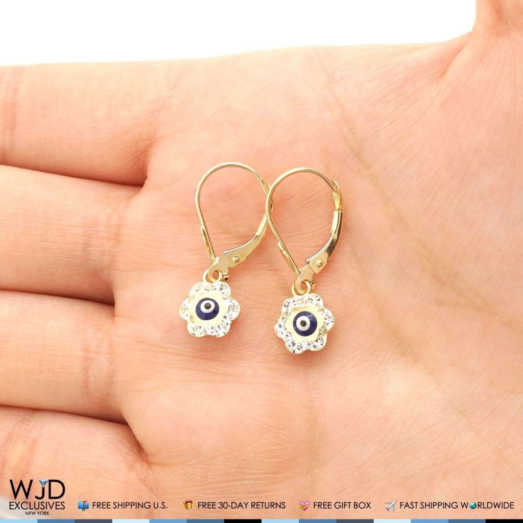 0.50CTW CZ 14K Yellow Gold Blue Evil Eye Flower Dangle Earrings