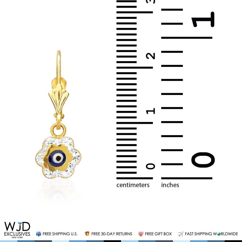 0.50CTW CZ 14K Yellow Gold Blue Evil Eye Flower Dangle Earrings