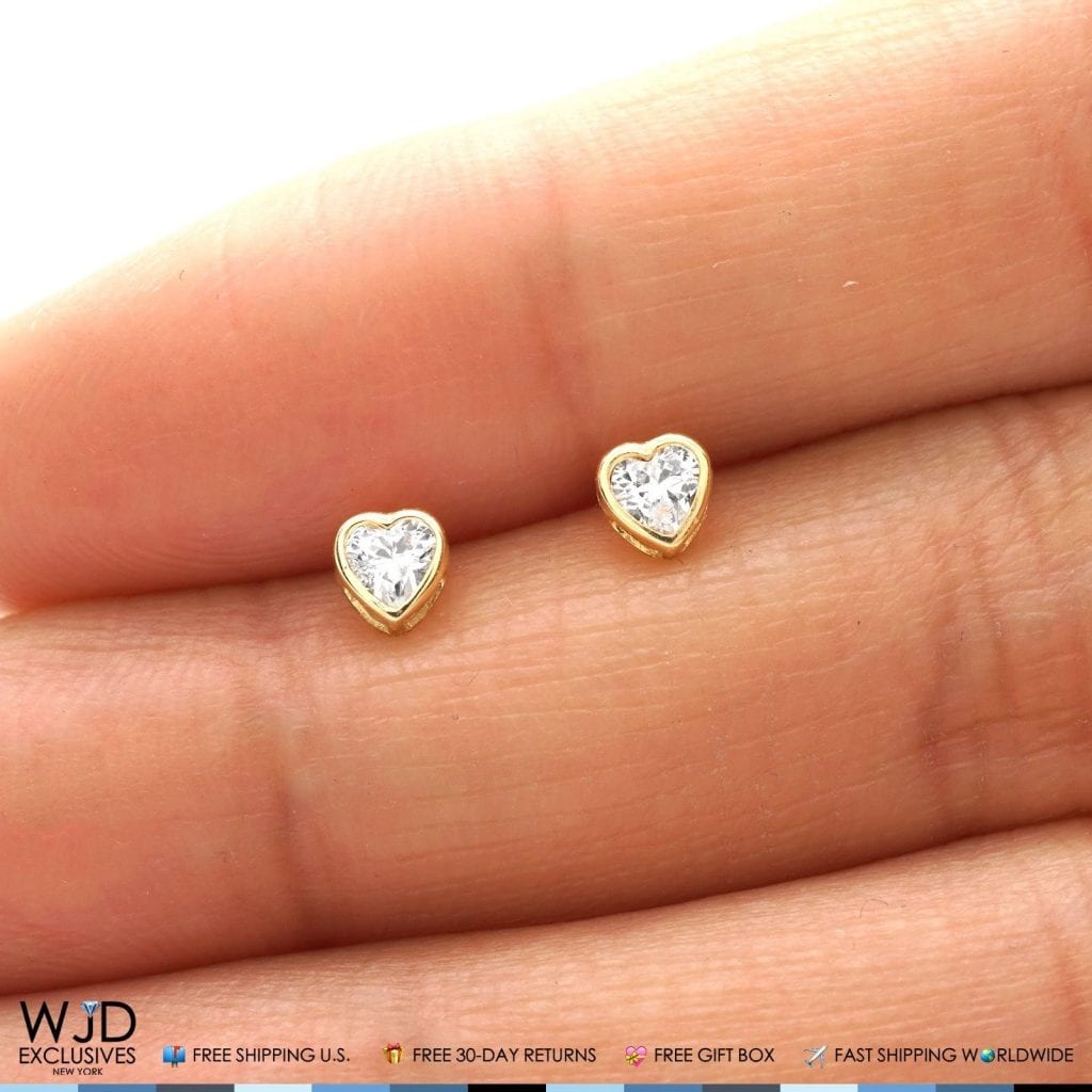 14K Yellow Gold 0.50Ct CZ Heart Shaped Bezel Stud Earrings 4mm