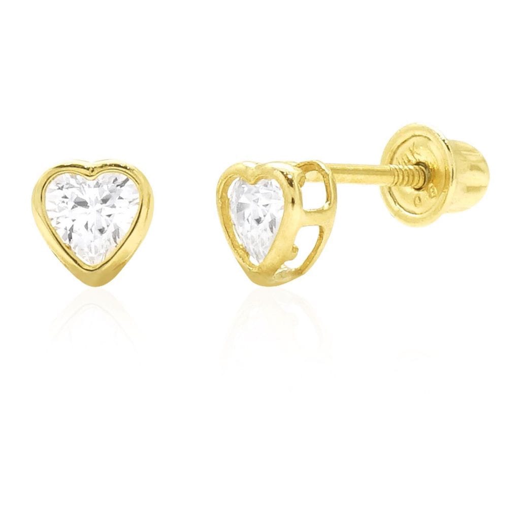 14K Yellow Gold 0.50Ct CZ Heart Shaped Bezel Stud Earrings 4mm