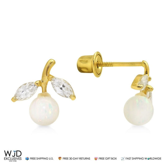14K Yellow Gold CZ White Fire Opal Cherry Stud Earrings 0.4"