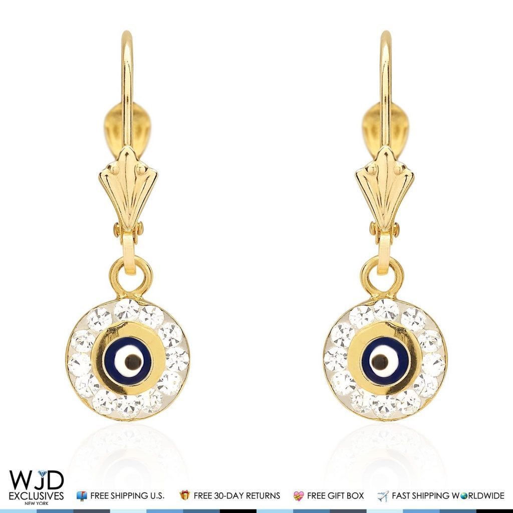 0.50CTW CZ 14K Yellow Gold Black Evil Eye Round Dangle Earrings