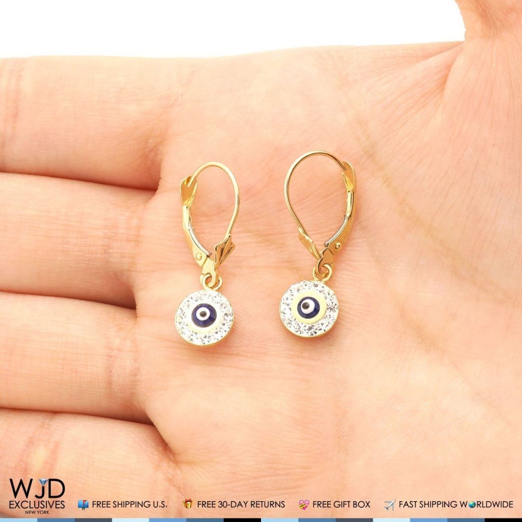 0.50CTW CZ 14K Yellow Gold Black Evil Eye Round Dangle Earrings