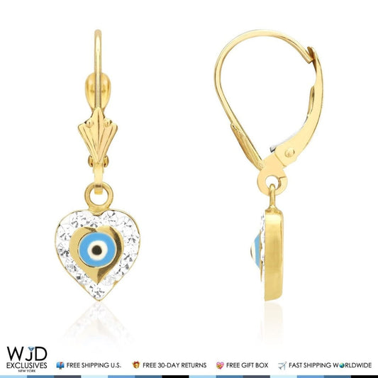 14K Gold CZ Blue Red Evil Eye Heart Dangle Leverback Earrings