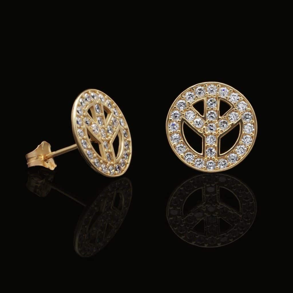 14K Real Gold 1.20CTW CZ Pave Peace Sign Stud Earrings 10mm