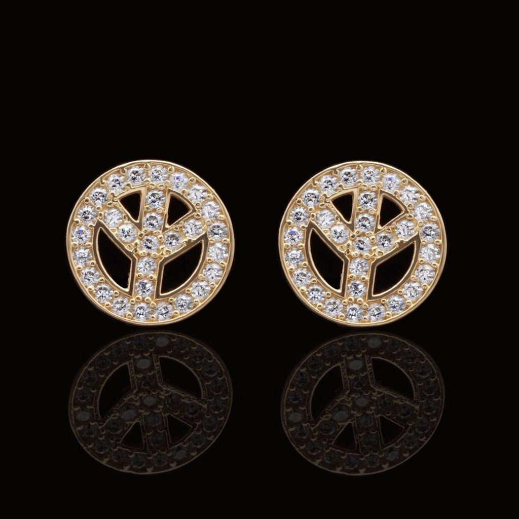14K Real Gold 1.20CTW CZ Pave Peace Sign Stud Earrings 10mm