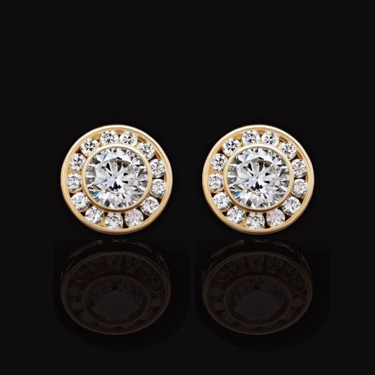 1.5CTW CZ 14K Yellow Gold Round Bezel Halo Cluster Stud Earrings