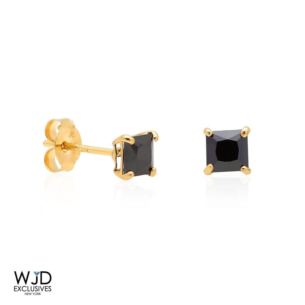 14K Yellow Gold Black 1CTW CZ Princess-Cut Pushback Stud Earrings