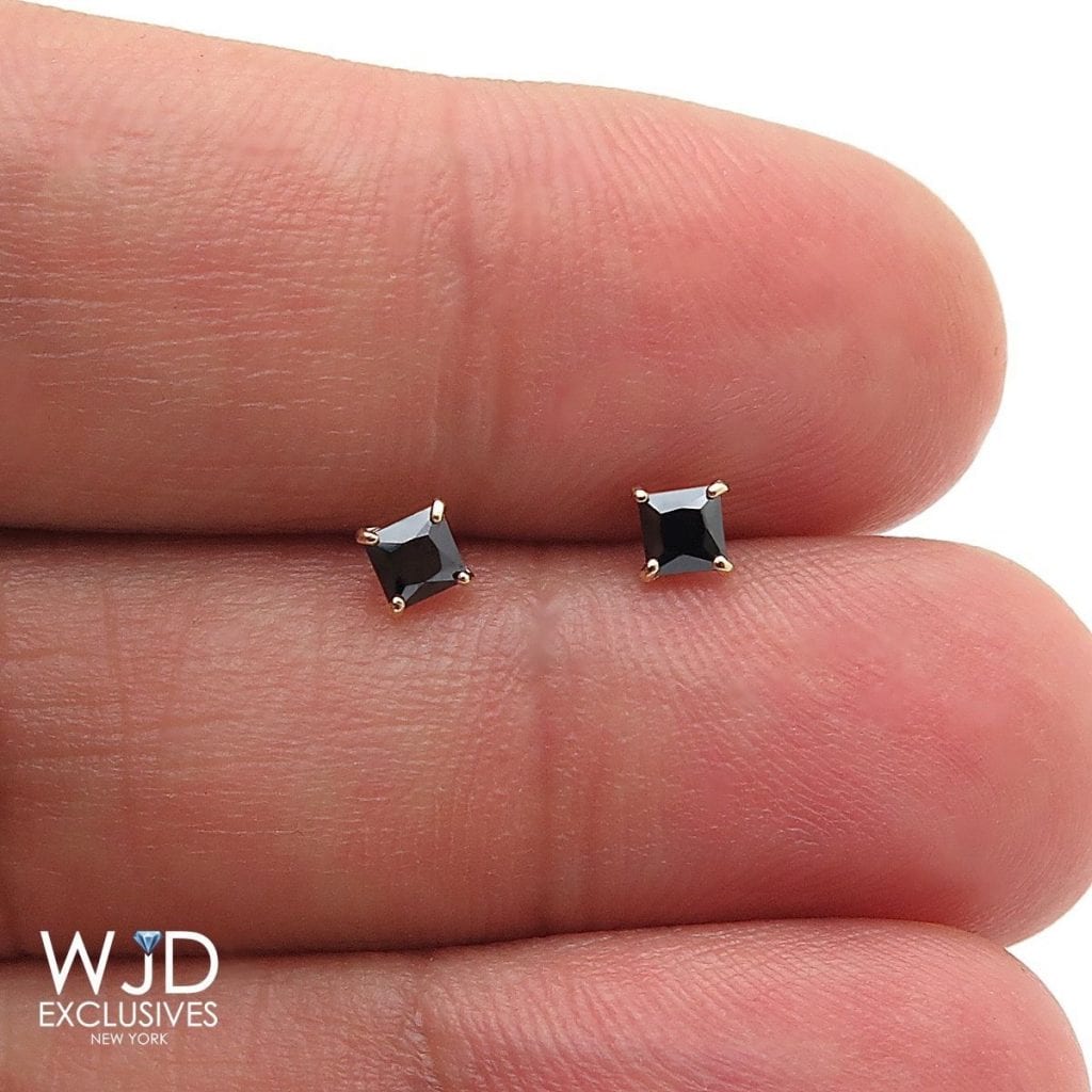 14K Yellow Gold Black 1CTW CZ Princess-Cut Pushback Stud Earrings