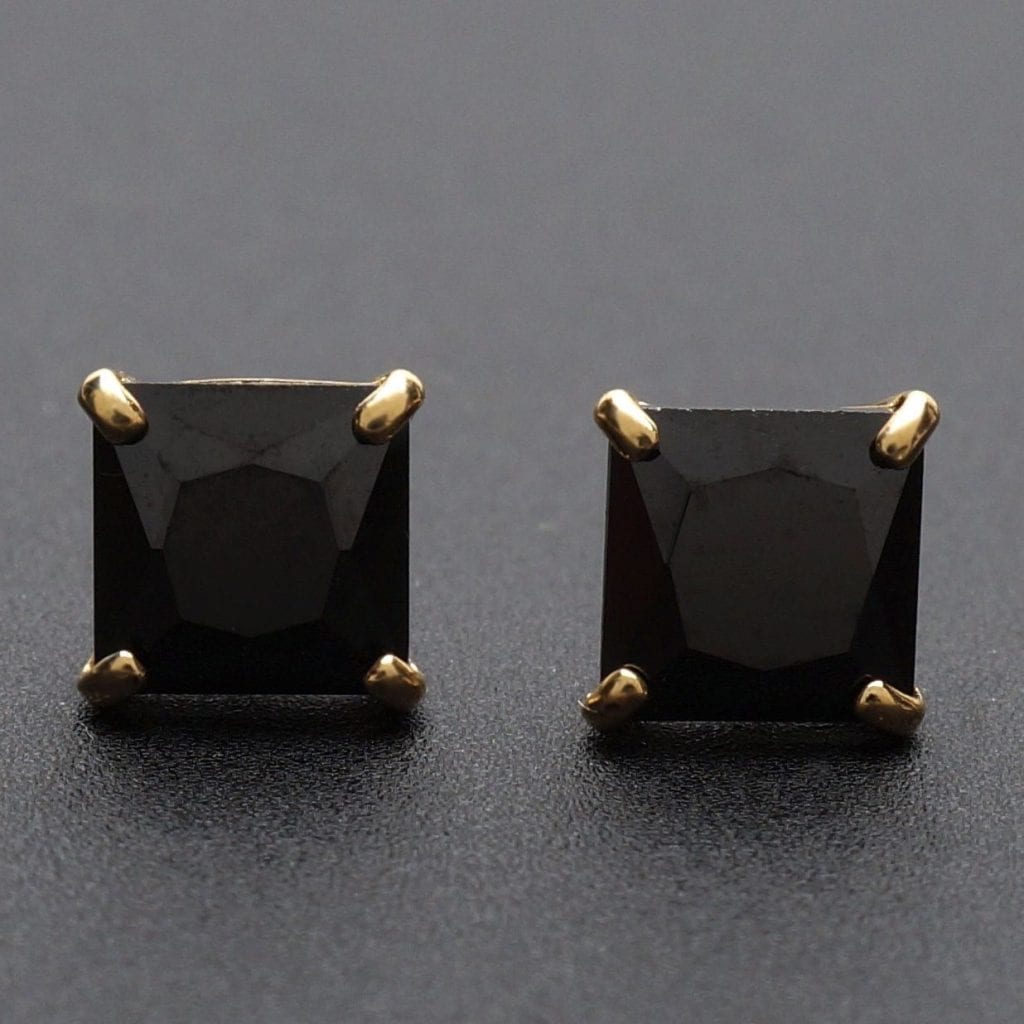 14K Yellow Gold Black 1CTW CZ Princess-Cut Pushback Stud Earrings